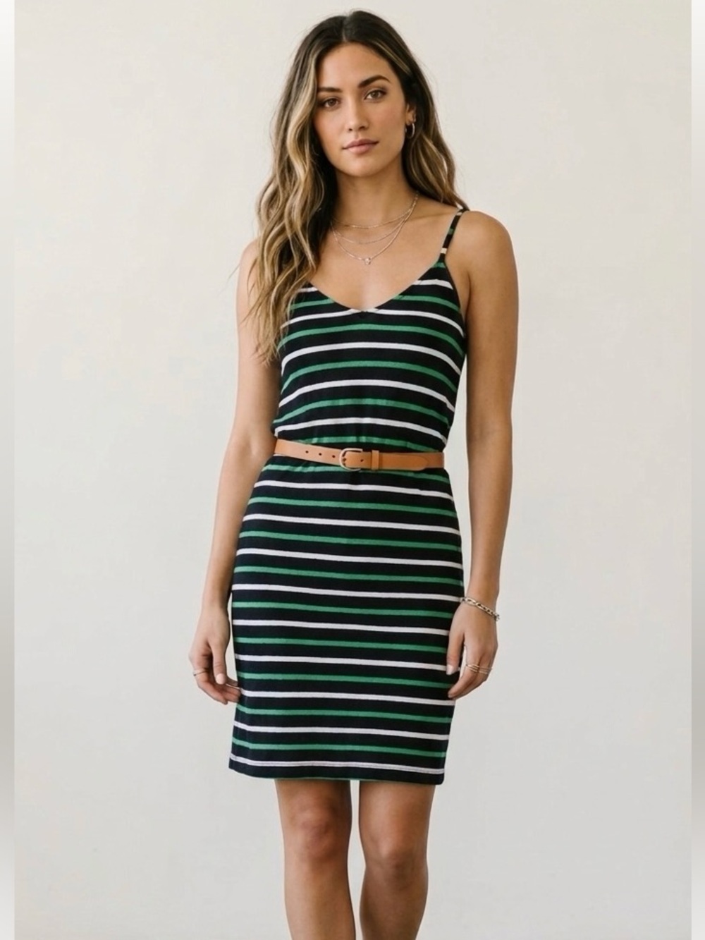 Vintage Y2K J Crew Shoreline Preppy Green Black White Striped Tank Mini Dress